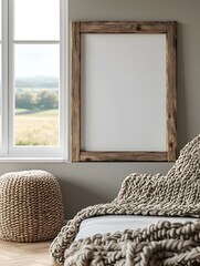 Cozy and inviting farmhouse style interior with a warm natural aesthetic  Featuring a plush knit blanket woven basket and serene countryside view through an oversized window