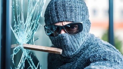 Thief in a balaclava holding a crowbar to break a glass window.