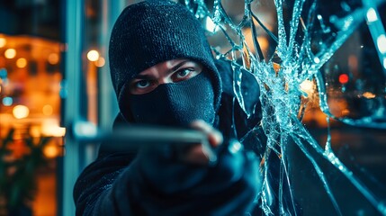 Thief in a balaclava holding a crowbar to break a glass window.
