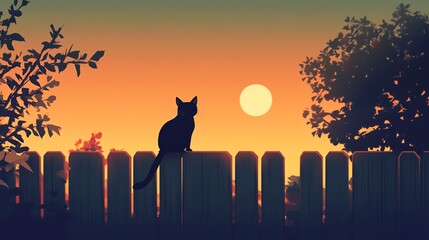 Silhouette of a cat sitting on a fence against a vibrant sunset backdrop, capturing a serene evening atmosphere.
