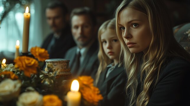 A family sits around a table with lit candles, looking somber and serious.