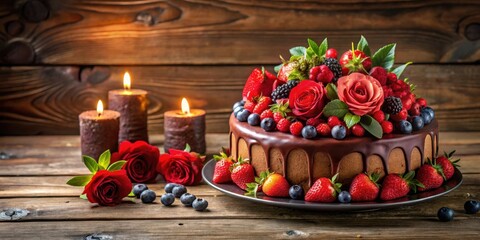 Chocolate cake adorned with berries, roses, and candles on a rustic wooden background for a celebration event. Copy space available