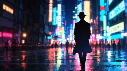 Obraz premium Back view silhouette of a man walking in the neon lit street city at night.