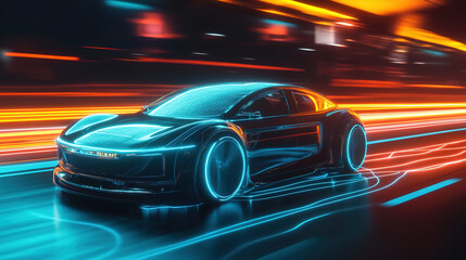 Obraz premium Futuristic electric vehicle speeding on an open highway, surrounded by glowing energy lines symbolizing innovation and advancement in sustainable transportation technology.