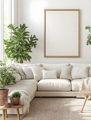 Cozy and Inviting Farmhouse Style Living Room Scene with Neutral Toned Mockup Frame Decor Plush Sectional Sofa and Natural Textures