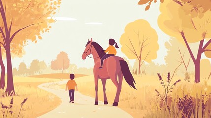 Naklejka premium A joyful scene of a child walking alongside a horse in a picturesque autumn landscape filled with warm colors.