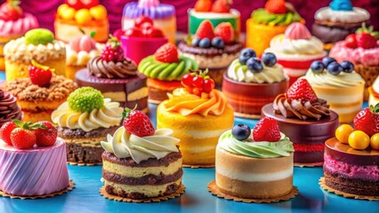 Assortment of colorful and delicious cakes in a vibrant backdrop