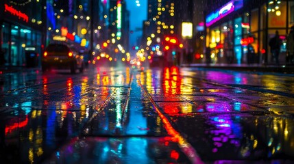 Obraz premium Neon Nightscapes: Captivating Urban Lights and Shadows on Wet City Street