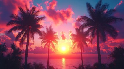 view of exotic tropical palm Trees at sunset