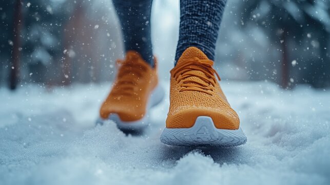 Close-Up of Orange Running Shoes on Snow with Blurred Background &ndash; Professional Photography of Winter Footwear for Outdoor Fitness and Sports in Cold Weather

