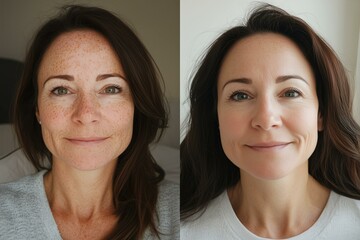  Before and after selfie, a comparison of age spots removal. Laser treatment effects on age spots on woman's face - skincare transformation