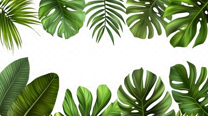 Tropical leaves banner isolated on a transparent background, featuring a variety of fresh tropic plant leaves.