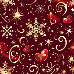 Elegant golden hearts and curls in a seamless pattern on a deep red background, ideal for festive Christmas or Valentine's Day decor.