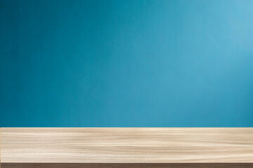 Empty wooden table top and color blue wall background for showing products and advertisers. Template mock up for display of product. product promotion in the wall. for display or montage.