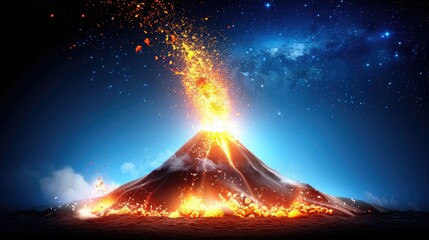 Majestic volcano erupts under a starry sky, showcasing fiery lava and ash clouds at night