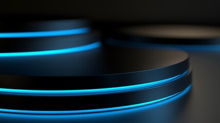 Abstract black podium with glowing blue neon lights.