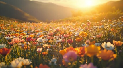 Majestic Sunset Glow Over Vibrant Flower Field - Nature's Beauty in Golden Light