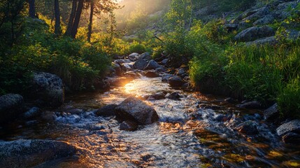 Serene Mountain Stream at Dawn with Sunlight Reflecting on Water, Rocks, and Foliage
