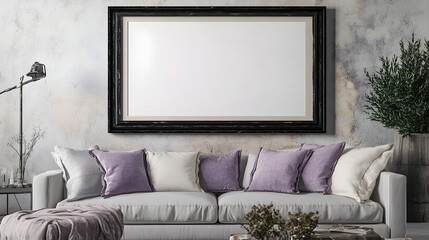 Cozy and inviting modern living room interior with neutral toned sofa plush cushions and natural plant accents creating a peaceful and harmonious ambiance