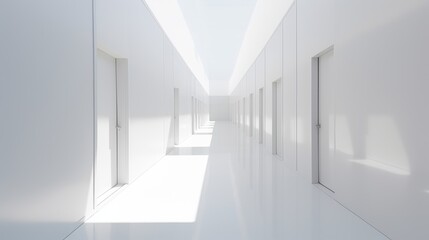 A series of open doors extending into an endless corridor, bathed in white light, evoke a sense of infinite possibilities and exploration.