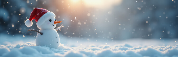 Christmas Snowman in Winter Snowy Landscape