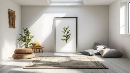 Cozy and inviting modern minimalist home interior design with decorative pillows plants and natural textures creating a serene and harmonious living space