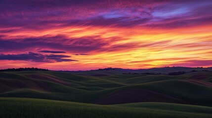 Obraz premium Majestic Sunset Silhouettes: Dramatic Shadows on Vibrant Horizon Hills