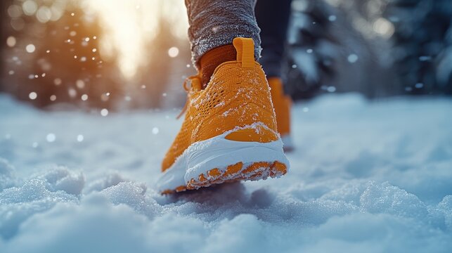 Close-Up of Orange Running Shoes Walking on Snow with Blurred Background &ndash; Conceptual Winter Fitness Image with Copy Space, Outdoor Footwear in Cold Weather


