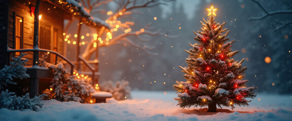 Snowy Christmas Eve Landscape: Decorated Christmas Tree with Lights and Star  in Front of Cozy Cottage 