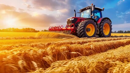 Combine harvester in wheat field sunset. Agricultural machinery harvesting grain crop rural farmland. Farmer working with farming equipment. Dust and sunlight industry in motion. - Powered by Adobe