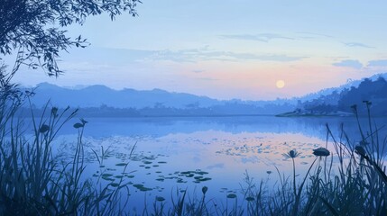 Fototapeta premium Serene Twilight Reflections: Tranquil Lakeside View with Soft Shadows on Water