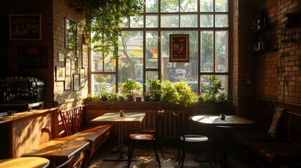 Naklejka premium Cozy Cafe Ambiance with Soft Afternoon Light and Inviting Shadows from Large Window