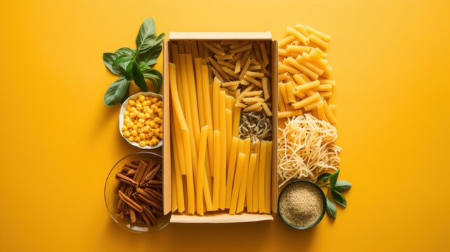An artistic flat lay of various pasta types, suitably arranged and surrounded by fresh ingredients, evokes the essence of culinary creativity and Italian cuisine.