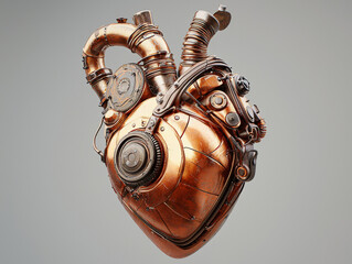 A heart made of metal with a lot of gears and pipes