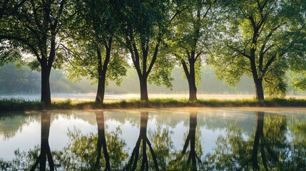 Obraz premium Serene Waterfront Reflection at Dawn with Play of Light and Shadow