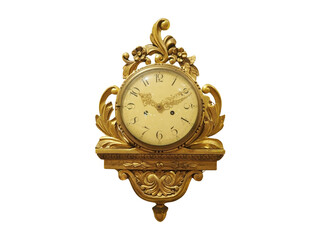 Ornate Antique Wall Clock with Intricate Golden Frame, Featuring Roman Numerals and Vintage Clock...
