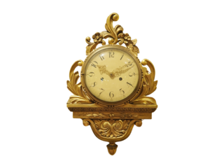 Ornate Antique Wall Clock with Intricate Golden Frame, Featuring Roman Numerals and Vintage Clock Hands. Baroque-Style. . Isolated on Transparent Background.