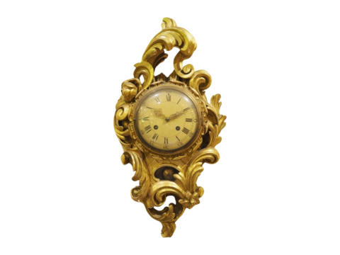 Ornate Antique Wall Clock with Intricate Golden Frame, Featuring Roman Numerals and Vintage Clock Hands. Baroque-Style. . Isolated on Transparent Background.