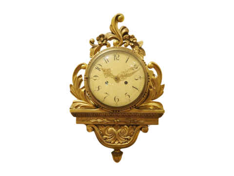 Ornate Antique Wall Clock with Intricate Golden Frame, Featuring Roman Numerals and Vintage Clock Hands. Baroque-Style. . Isolated on Transparent Background. - Powered by Adobe