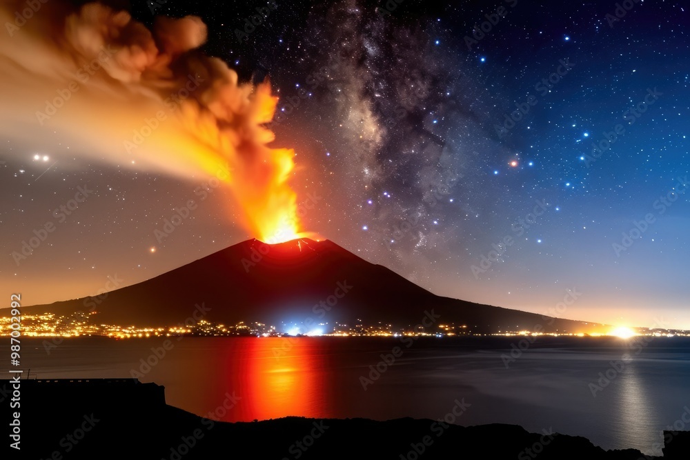 Wall mural majestic volcanic eruption with night sky and stars over the coastline near an active volcano