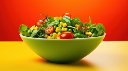 Vibrant salad bowl filled with fresh greens, cherry tomatoes, and corn against a striking red and yellow background.