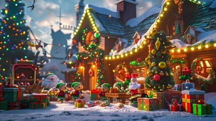 Whimsical Christmas background with Santa's workshop.