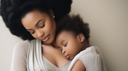 Fototapeta premium Tender moment of a mother cradling her sleeping child, both wrapped in soft fabric, exuding warmth and love.