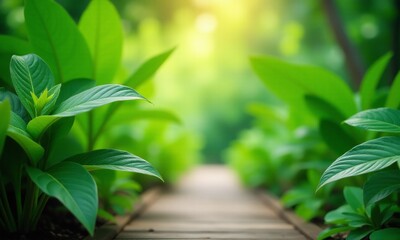 A vibrant tropical garden scene, lush green foliage with large variegated leaves, blurred bokeh background