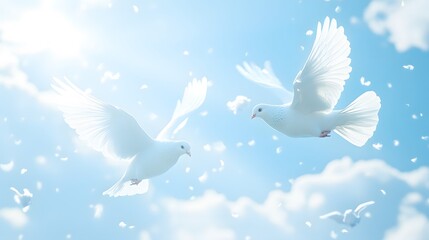 Obraz premium White doves soaring in the sky, representing peace and spirituality.