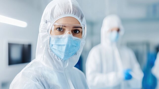 Engineers in a cleanroom assembling high-tech components for electrical circuits
