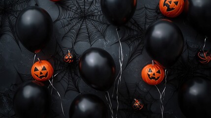 Spooky Halloween decorations with black balloons and orange jack-o'-lanterns on a dark background.