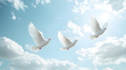 Obraz premium White doves soaring in the sky, representing peace and spirituality.