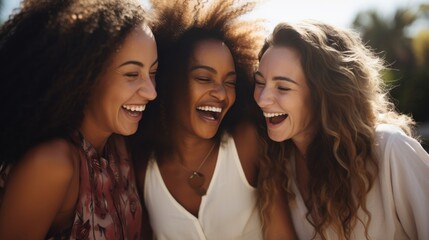 Fototapeta premium Three friends share a hearty laugh outdoors amidst natural light, exuding friendship and joy in a candid moment.