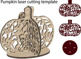 3D Pumpkin laser cutting template on stand for Thanksgiving Day, fall holidays, vector lace floral pumpkin
